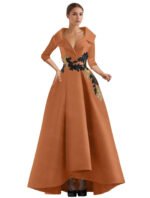Elegant Champagne High-Low Evening Dress – V-Neck Structured Gown with Embroidered Appliqué - 图片 21