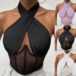 Elegant Halter Neck Mesh Corset Top for Women | Sheer Panel Wrap Neck Crop Top | Clubwear & Night Out Fashion