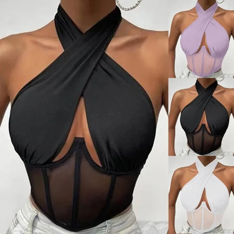 S699456b1e96d42d79ffd57d195dd1d20S Elegant Halter Neck Mesh Corset Top for Women | Sheer Panel Wrap Neck Crop Top | Clubwear & Night Out Fashion - 图片 1