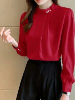Elegant Pearl Button Chiffon Blouse – Light Blue Long Sleeve Office Top - 图片 6