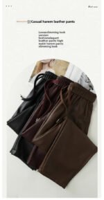Luxury PU Leather Jogger Pants for Women – High-Waist Elastic Drawstring Wide-Leg Trousers – Comfy Chic Vegan Leather Athleisure Pants - 图片 9