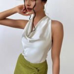 Elegant Satin Halter Blouse for Women – Sleeveless Bow Neck Office Lady Top - 图片 2