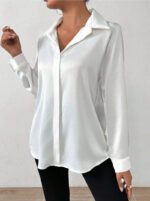 Women’s Satin Long Sleeve Blouse – Hot Pink Silk-Feel Button-Up Shirt | Elegant Loose Office & Casual Top - 图片 5