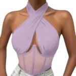 Elegant Halter Neck Mesh Corset Top for Women | Sheer Panel Wrap Neck Crop Top | Clubwear & Night Out Fashion - 图片 10