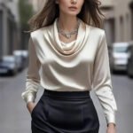 Luxury Draped Satin Blouse for Women – Elegant Long Sleeve Cowl Neck Top - 图片 2
