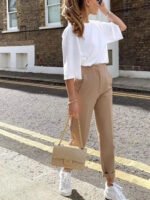 High Waist Tapered White Pants for Women – Elegant Tailored Ankle-Length Office Trousers - 图片 4