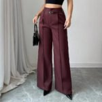 Burgundy High Waist Wide Leg Pants with Belt | Elegant Dressy Women’s Trousers - 图片 2