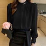 Elegant Pearl Button Chiffon Blouse – Light Blue Long Sleeve Office Top - 图片 16