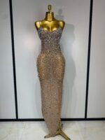 Luxury Champagne Crystal Embellished Maxi Gown – Spaghetti Strap Elegant Evening Dress - 图片 3