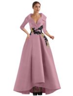Elegant Champagne High-Low Evening Dress – V-Neck Structured Gown with Embroidered Appliqué - 图片 11