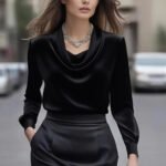 Luxury Draped Satin Blouse for Women – Elegant Long Sleeve Cowl Neck Top - 图片 4