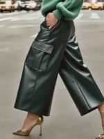 Luxury Forest Green PU Leather Wide-Leg Cargo Pants – High-Waist Cropped Vegan Leather Trousers for Women - 图片 5
