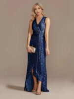 Gold Sequin Sleeveless Maxi Dress for Women | V-Neck Ruched Evening Gown with Slit - 图片 9