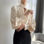 Elegant Twist-Neck Satin Blouse for Women – Long Sleeve Formal Top - 图片 3