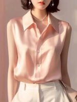Sleeveless Satin Blouse for Women – Elegant Button-Front Top - 图片 8