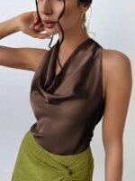 Elegant Satin Halter Blouse for Women – Sleeveless Bow Neck Office Lady Top - 图片 14
