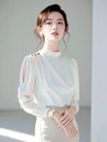 Luxury Ivory Chiffon Blouse with Gold Button Shoulder & Sheer Sleeves - 图片 8