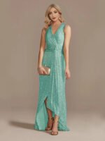 Gold Sequin Sleeveless Maxi Dress for Women | V-Neck Ruched Evening Gown with Slit - 图片 7