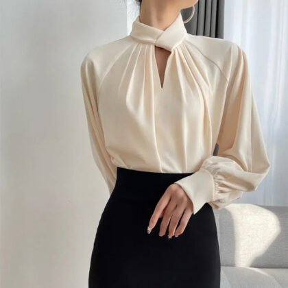 Elegant Twist-Neck Satin Blouse for Women – Long Sleeve Formal Top