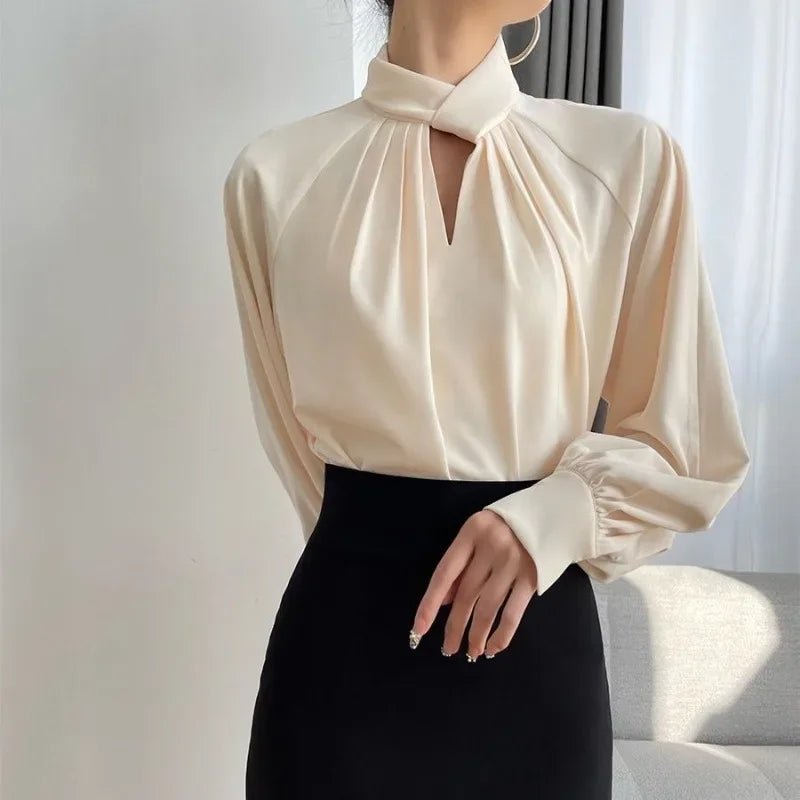 S80a290afd18e417c855138af5e2c2897Q Elegant Twist-Neck Satin Blouse for Women – Long Sleeve Formal Top - 图片 1