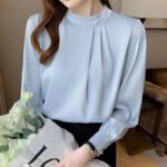 Elegant Pearl Button Chiffon Blouse – Light Blue Long Sleeve Office Top - 图片 7