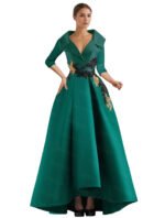 Elegant Champagne High-Low Evening Dress – V-Neck Structured Gown with Embroidered Appliqué - 图片 14