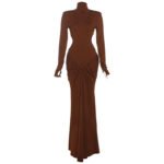Elegant Ivory Long Sleeve Maxi Dress – High Neck Cut-Out Bodycon Evening Gown for Women - 图片 6