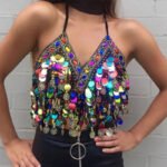 Multicolor Sequin Fringe Halter Top for Women – Beaded Festival Crop Top | Statement Party & Concert Top