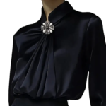 Black Satin High-Neck Blouse with Crystal Accent|Elegant Jewel Neck Long Sleeve Satin Blouse - 图片 9