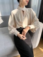 Elegant Twist-Neck Satin Blouse for Women – Long Sleeve Formal Top - 图片 9