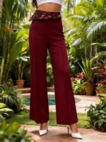 Burgundy High Waist Wide Leg Pants with Sequin Waistband | Elegant Dressy Women’s Trousers - 图片 7