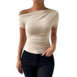 Beige One-Shoulder Ruched Crop Top for Women – Asymmetrical Short Sleeve Fitted Top | Minimalist Chic Essential - 图片 7