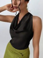 Elegant Satin Halter Blouse for Women – Sleeveless Bow Neck Office Lady Top - 图片 22