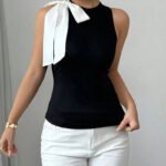 Elegant Black Sleeveless Top with White Bow – Chic High-Neck Women’s Blouse | Modern Boutique Style - 图片 2