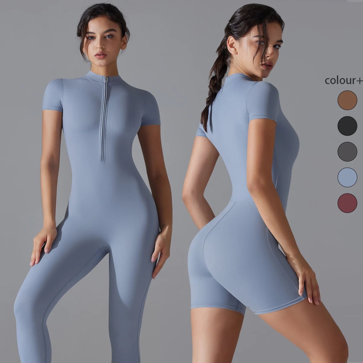 S99514b914def4666af04b9e395d3723a5 Women’s Zip-Front Short Sleeve Sculpting Fitness Jumpsuit – Bodycon Activewear Romper with Tummy Control - 图片 1