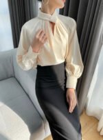 Elegant Twist-Neck Satin Blouse for Women – Long Sleeve Formal Top - 图片 8