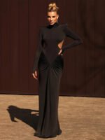 Elegant Ivory Long Sleeve Maxi Dress – High Neck Cut-Out Bodycon Evening Gown for Women - 图片 8
