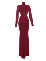 Elegant Ivory Long Sleeve Maxi Dress – High Neck Cut-Out Bodycon Evening Gown for Women - 图片 5
