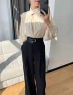 Elegant Twist-Neck Satin Blouse for Women – Long Sleeve Formal Top - 图片 13