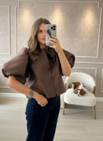 Solid Satin Balloon Sleeve Blouse for Women | Puff Sleeve O-Neck Single-Breasted Loose Fit Top - 图片 6