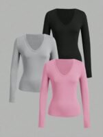 Long-Sleeve V-Neck Fitted Top – Soft Stretch Everyday Essential