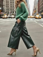 Luxury Forest Green PU Leather Wide-Leg Cargo Pants – High-Waist Cropped Vegan Leather Trousers for Women - 图片 4