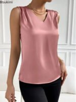 Red Sleeveless V-Neck Blouse for Women – Elegant Satin-Feel Tank Top | Chic Everyday & Workwear Essential - 图片 5