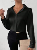 Women’s Satin Long Sleeve Blouse – Hot Pink Silk-Feel Button-Up Shirt | Elegant Loose Office & Casual Top - 图片 6