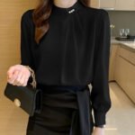 Elegant Pearl Button Chiffon Blouse – Light Blue Long Sleeve Office Top - 图片 21