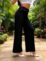 Burgundy High Waist Wide Leg Pants with Sequin Waistband | Elegant Dressy Women’s Trousers - 图片 9