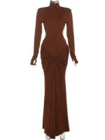 Elegant Ivory Long Sleeve Maxi Dress – High Neck Cut-Out Bodycon Evening Gown for Women - 图片 3