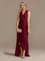 Gold Sequin Sleeveless Maxi Dress for Women | V-Neck Ruched Evening Gown with Slit - 图片 16