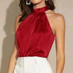 Luxury Satin Halter Neck Blouse for Women – Elegant Sleeveless High-Neck Top in Red, Teal & Black - 图片 6