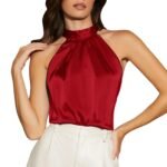 Luxury Satin Halter Neck Blouse for Women – Elegant Sleeveless High-Neck Top in Red, Teal & Black - 图片 9